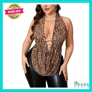 Leopard Print Halter Top Sexy Draped Front Backless Going Out Tops